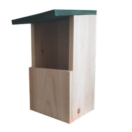 תיבת קינון דגם 191 מעץ אורן בגוון טבעי עם גג ירוק, מיועדת לציפורי שיר בגינה.