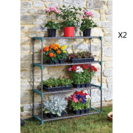 מערכת מדפים מודולרית כפולה שחורה לעציצים במרפסת עם צמחים ירוקים