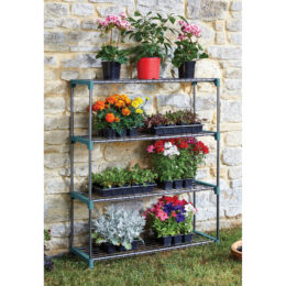 יחידת מדפים לעציצים 4 קומות שחורה דגם 08907 עם חיבורים ירוקים, מיועדת לגינה ולמרפסת.