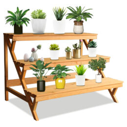 מעמד לעציצים מדורג 3 קומות מעץ מלא לגינה ולמרפסת דגם 1011