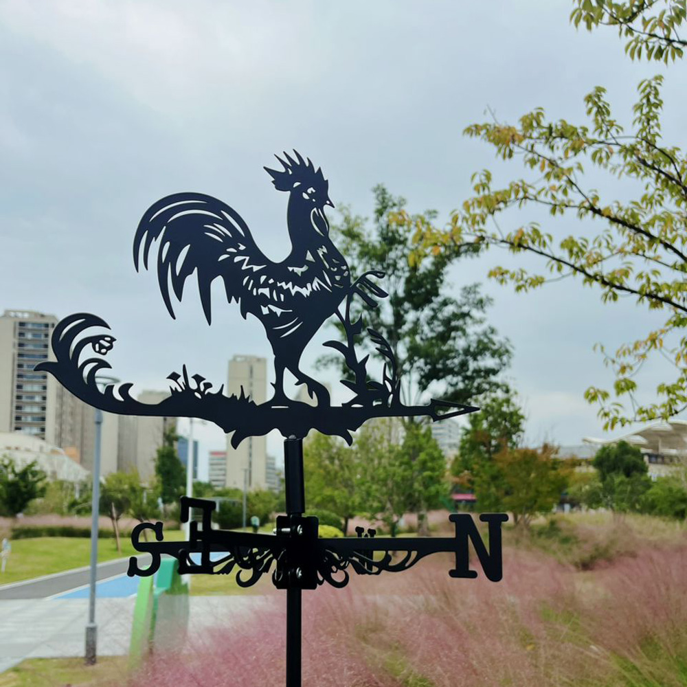 שבשבת תרנגול מברזל שחור, תקריב על כיווני השמיים.