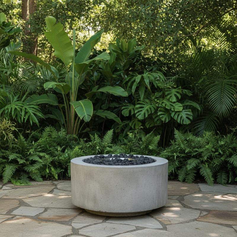 קערת אש מבטון נקייה על רקע צמחייה ירוקה