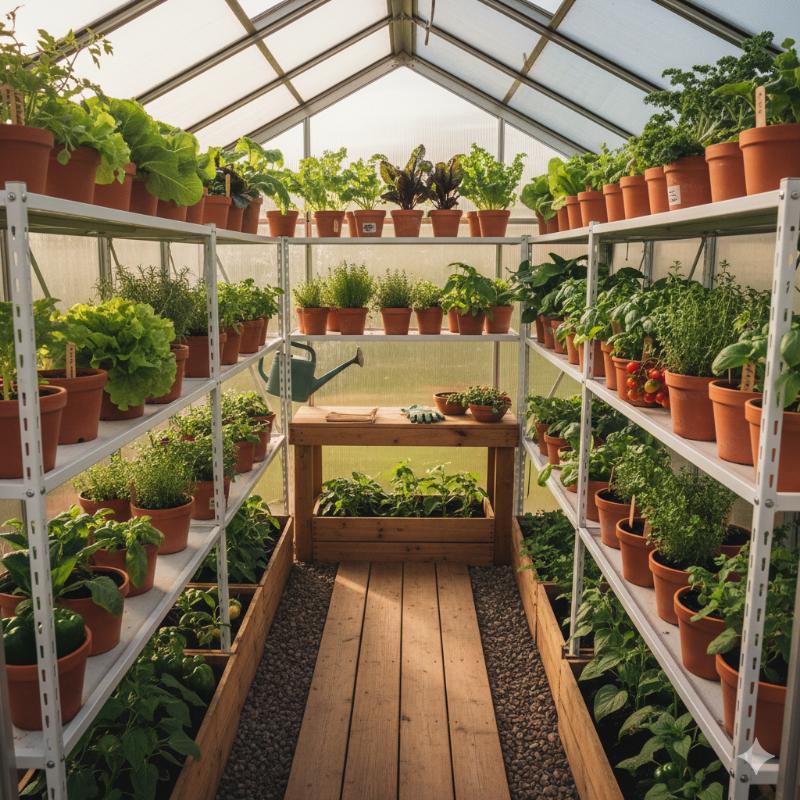 ירקות ותבלינים גדלים על מדפים בתוך חממה ביתית מסודרת