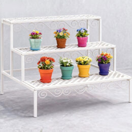 מעמד לעציצים מדורג  3 קומות מברזל יצוק דגם 69A גוון קרם