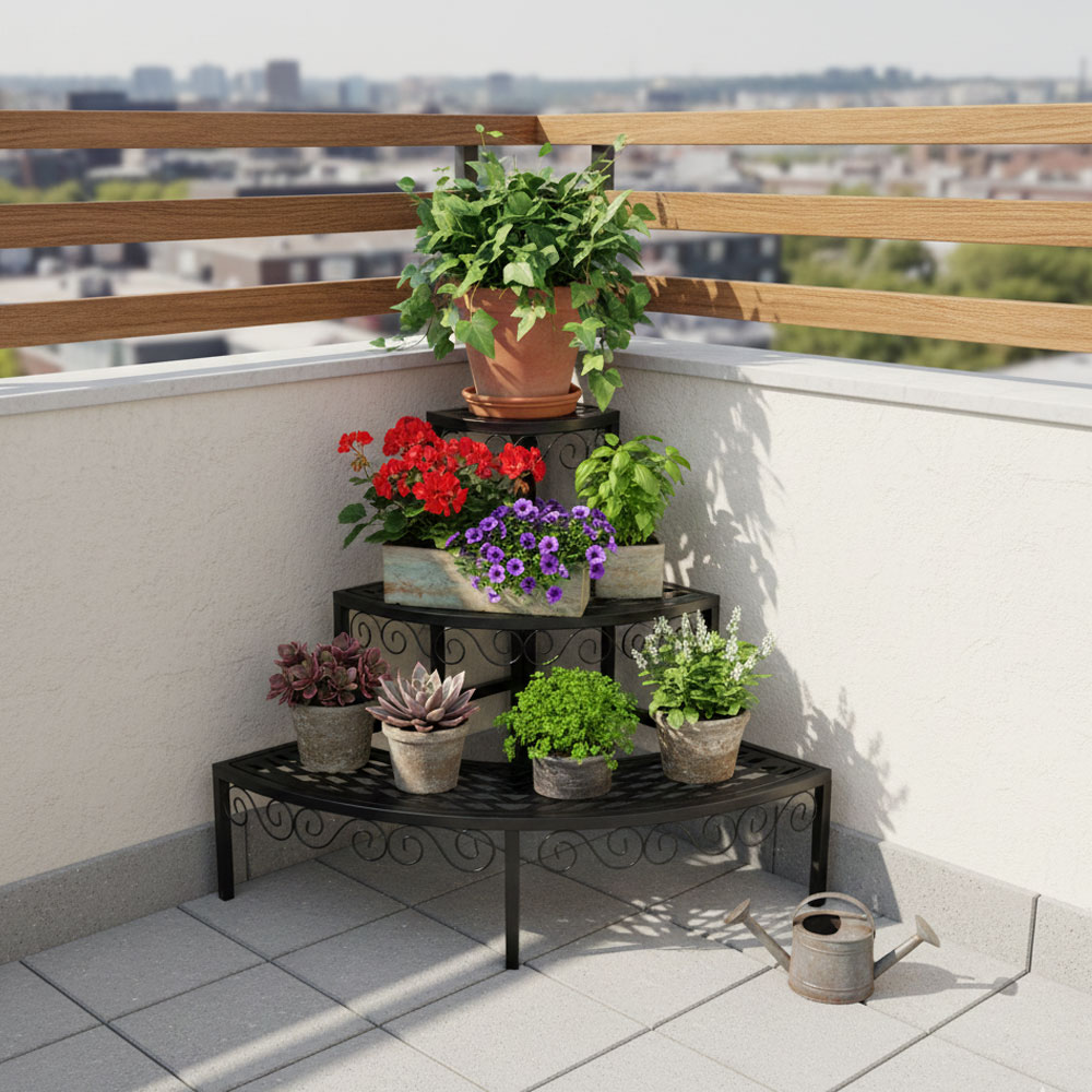 מעמד לעציצים פינתי דקורטיבי 3 קומות מברזל דגם 83029 גוון שחור – תמונה 5