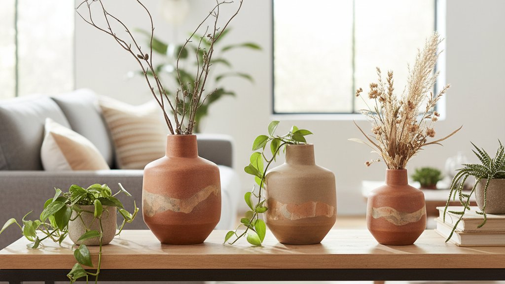 סט של שלושה כדים לבית בגדלים שונים, עשויים קרמיקה בצבעי אדמה טבעיים, ממוקמים על מדף עץ בסלון מודרני מואר. הכדים משולבים עם צמחי בית ירוקים קטנים וענפים יבשים דקורטיביים, ומוסיפים חמימות וטקסטורה לחלל.