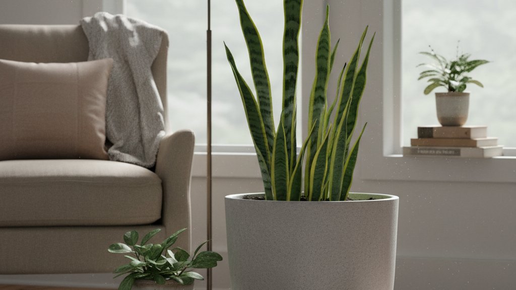 כד בטון גדול ואלגנטי, בעל טקסטורה מחוספסת עדינה וצבע אפור בהיר, ממוקם בפינת קריאה מוארת. בתוכו נשתל צמח סנסיווריה גבוה וירוק, והוא מוקף בספרים ועציץ קטן נוסף, ויוצר אווירה שלווה וטבעית.